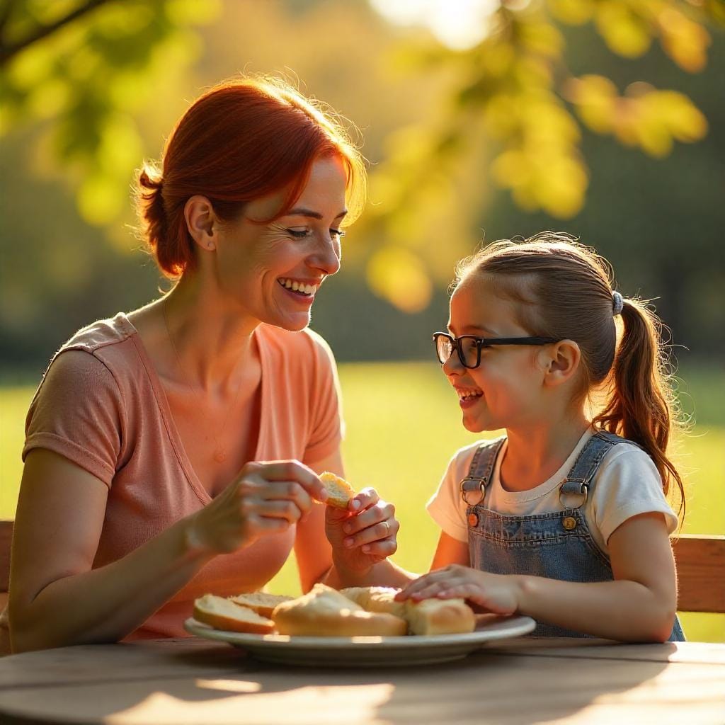 Madre e hija disfrutando un picnic saludable con pan sin gluten al aire libre. Alimentación familiar sin gluten y momentos felices.